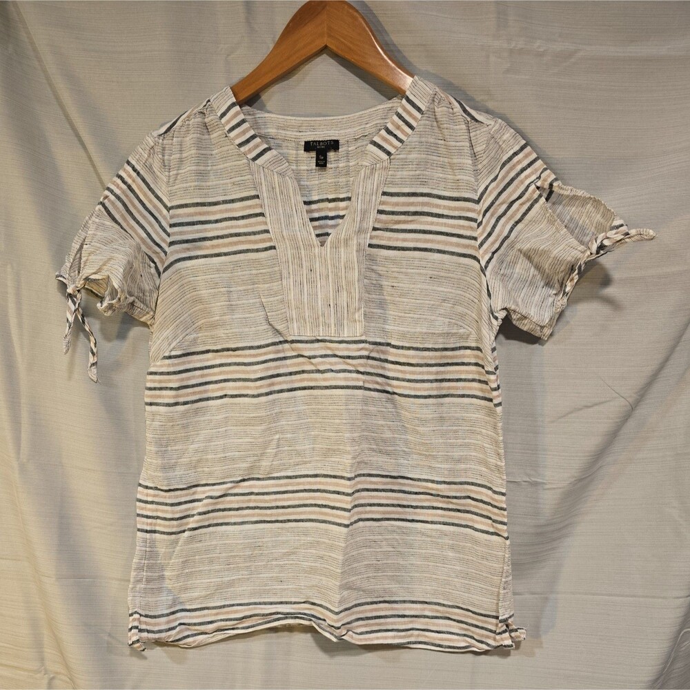Talbots Beige Women's V Neck 100% Linen Blouse - Size Small